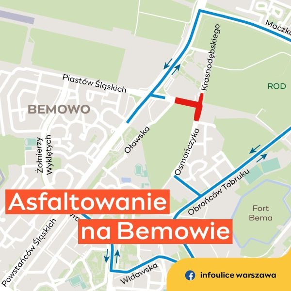 Asfaltowanie ronda na skrzyżowaniu Piastów Śląskich na Bemowie