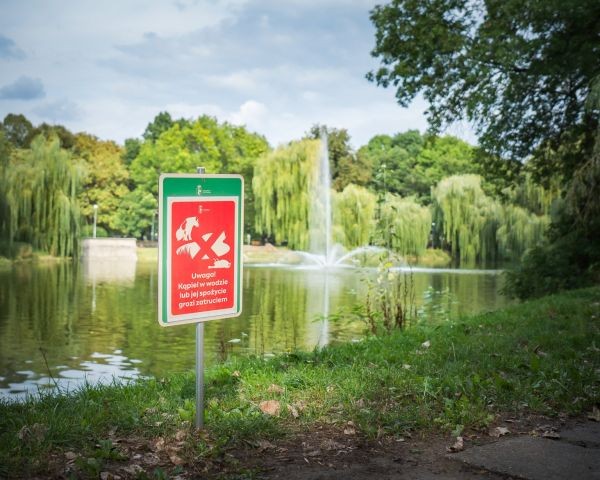 Informacja o martwych ptakach w parku Promenada na Pradze Południe